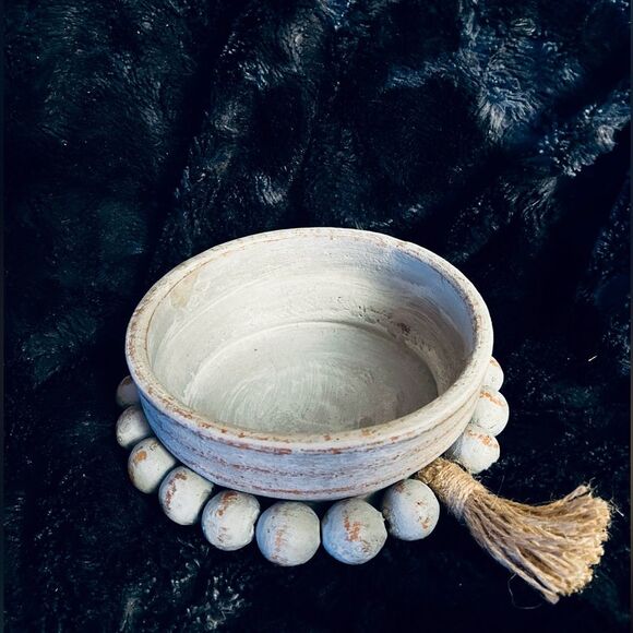 Handmade Clay Saucer Trinket Dish with Beaded Base and Tassel - Picture 1 of 4